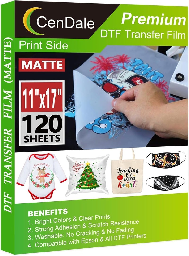 CenDale DTF Transfer Film 11"x17" - 120 Sheets Double-Sided Matte DTF Film for Sublimation Hack on Cotton, Direct to Film Printing on Dark and Light T-Shirts Textile, Hot & Cold Peel DTF Paper/Sheets - Image 1